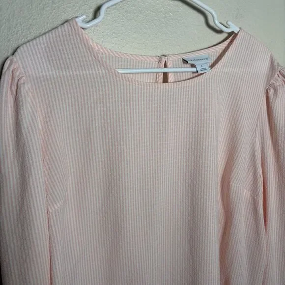 Liz Claiborne Blouse Women's Large Pink Striped Seersucker Long Sleeve Top Sheer - Picture 2 of 8
